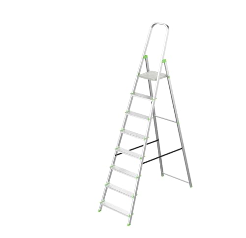KEROPPA Escalera de Tijera Plegable Marca Española Escalera de Aluminio 8 peldaños con Gancho de Pared Multiusos Antideslizante Ligera y Resistente Escalera Doméstica Fácil Transporte