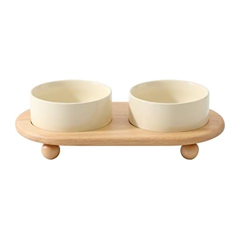 Havniva Ceramic Elevated Cat Food and Water Bowl, Kitty Bowl, Raised Cat Dish, Cat Feeder (5.1 in, 2 x Beige + Stand) Cover