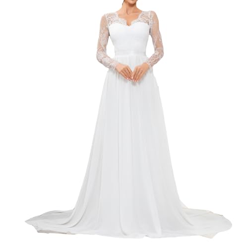 Elegante vestido de novia de manga larga de encaje con costuras de encaje sin espalda vestidos de novia de gasa largo blanco vestido de novia vestido de oficina de registro banquete vestido de noche