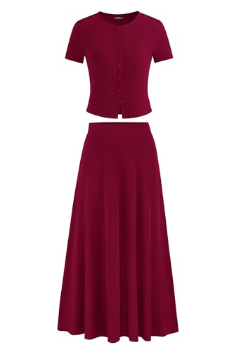 PRETTYGARDEN Women's 2 Piece Skirt Sets Summer Short Sleeve Button Up Knit Crop Top Flowy Maxi Skirts Travel Vacation Outfits