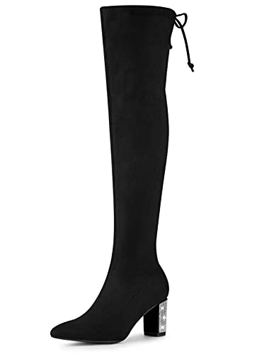 Allegra K Botas altas de tacón grueso con diamantes de imitación sobre la rodilla para mujer, Negro, 43 EU