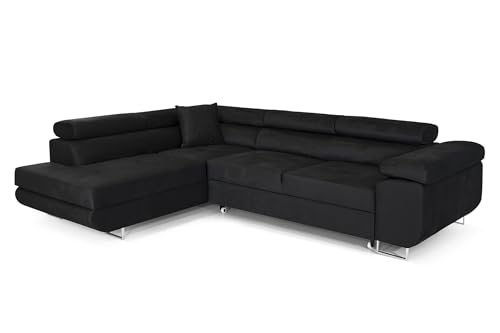 COMFORTINO FURNITURE Ecksofa mit Schlaffunktion PASTI L-Form, Sofa Couch mit Bettkasten, 3-Sitzer Eckcouch, Schlafsofa für Wohnzimmer, Big Sofa Couch mit Schlaffunktion (Schwarz, Ottomane Links)