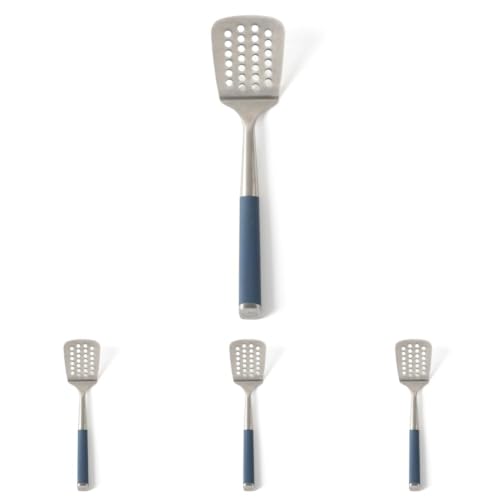 Image of Calphalon Slotted Turner, Kitchen Flipping Spatula, Stainless Steel with Silicone Heat Resistance Handle, Nonstick-Safe Spatula for Draining and Flipping (Navy), Slotted Turner (Pack of 4)