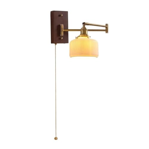 Lámpara De Pared Con Brazo Oscilante De Latón, Apliques De Pared Con Cadena De Tracción De Vidrio Plisado Vintage, Luz De Lectura De Granja Nórdica, Luz Montada En La Pared De Madera De Vidrio(D)