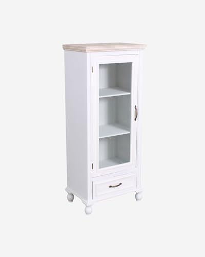 DiKasa Vetrina Bianca ?Sophia? in Legno di Pino 48x35x115 cm ? Mobile con Ante in Vetro e Cassetto, Stile Shabby Chic Classico
