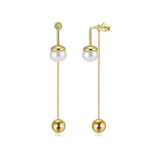 Lllunimon 女性用スレッドピアス ゴールドプレート925スターリングシルバー 本物の淡水パール タッセル ダングルドロップ ロングイヤリング ブライダルウェディング用,金