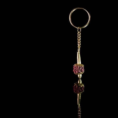Image of Brass Gada Keyring with Rudraksh /Hanumanji Mace - Lord Hanuman Inspired Key Chain for Car, Bike & Home - Spiritual Religious Gift Accessory