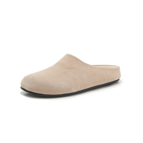 Image of Women's Suede Clogs Round Toe Print Leather Mules Cork Footbed Clog with Arch Support Comfort Casual Slip-on Fall Shoes