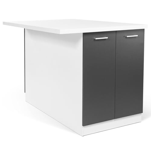 IDMarket - Ilot Central IVO 120 cm Blanc et Gris avec Plan de Travail
