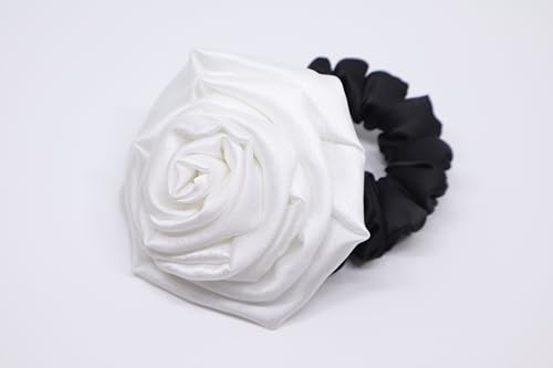 Image of Satin Scrunchie Hair Bands for Women | No-Damage Elastic Hair Ties for Ponytails & Buns | Fluffy & Stylish Rubber Bands | Free Size | Pack of 1 (Off White Rose)