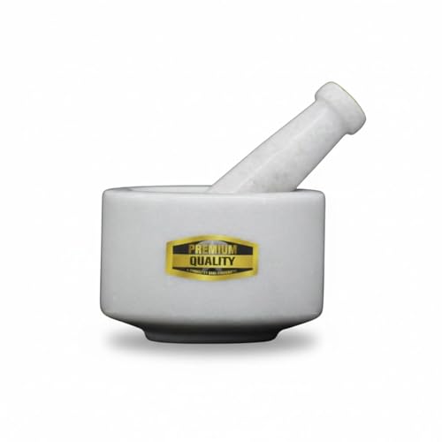Image of JMH Marble Handmade Stone Mortar and Pestle Set | Ohkli Musal /Kharal khalbatta for Medicine, Spices Grinder Masher (White, 3 Inch)