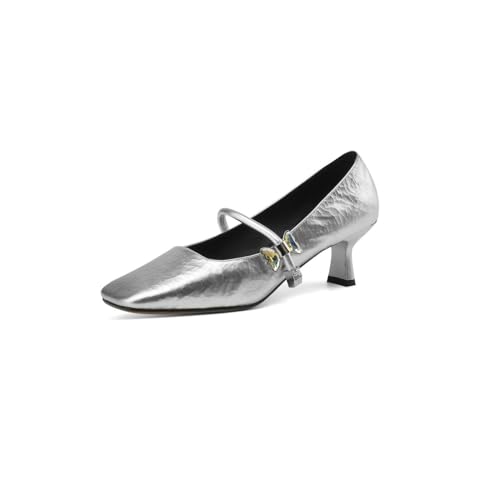 TinaCus Women's Genuine Leather Square Toe Handmade Kitten Heel Mary Jane Pumps with Buckle Strap