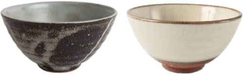 Japanese Mino Ware Ceramic Rice Bowls Set, 4.45 inches in diameter H2.24 inches 9.5 Fluid Ounces, Chawan, Set of 2 (Ivory, Brown)