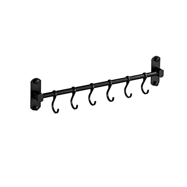 Kitchen Rail with 6 Sliding Hooks, Wall Mount Kitchen Utensil Rack, Pan and Pot Hangers Organization and Storage Holder Set, Aluminum (Black)