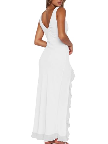 Mokoru Women's Sexy Bodycon V Neck Sleeveless Ruffle Hem High Slit Cocktail Party Maxi Dresses2