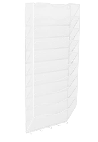 EasyPAG 10 Pocket Metal Wall File Holder Organizer Hanging Magazine Rack with 5 Key Holder Hooks,White