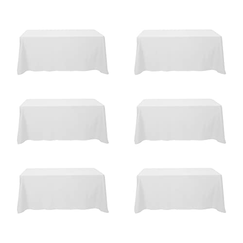 Photo 1 of 6 Pack White Tablecloths for 6 Foot Rectangle Tables 90 x 132 Inch - 6ft Rectangular Bulk Linen Polyester Fabric Washable Long Clothes for Wedding Reception Banquet Party Buffet Restaurant