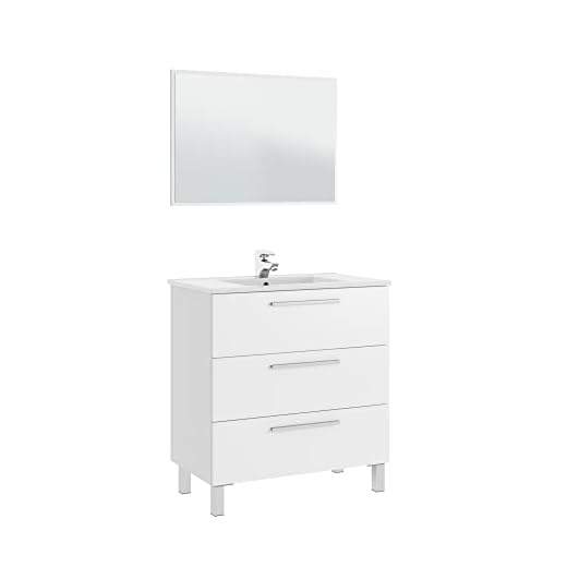 ARKITMOBEL 305423BO Mueble de Baño, Melamina, Espejo, Blanco Brillo, 3 Cajones