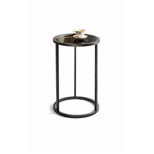 Image of Modern Round Side Table with Black Glass Top | Metal End Table for Living Room & Bedroom