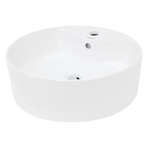 LuxeBath Waschbecken Keramik, rund Ø 460 x 155 mm, Weiß, Aufsatzbecken mit Hahnloch und Überlauf, Aufsatzwaschbecken für Badezimmer/Gäste-WC, Design Waschtisch Waschschale Waschplatz Handwaschbecken