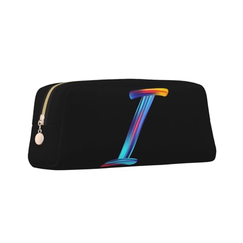 Image of Cute Initial Pencil Case for Kids Simple Leather Pencil Pouch for Boys Girls Letter Design Pencil Box Pen Bag Pencil Pouch Office Stationery Organizer, Rainbow Letter I