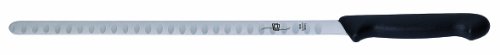 Couteau à saumon ou à jambon professionnel. Noir. Lame étroite alvéolée. Manche anti-glisse. L 310 mm.