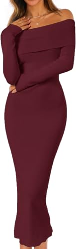 ELFIN Strickkleid Damen Elegant Cocktail Party Kleider Abendkleid Schulterfrei Langarm Pullover Kleid Hochzeit Festlich Bodycon Maxikleid (M,...