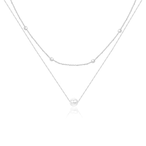 SILBERTALE 925 Sterling Silver Pearl Pendant Necklace for Women Trendy Simple Dainty Layered Pearls beaded Choker Chain Necklace Everyday Jewelry Set Wedding Bridesmaids Necklace