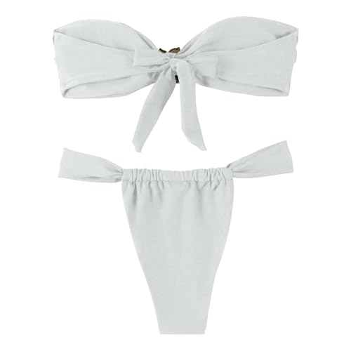 Bikinis Reductores Pecho Braga Alta Bikini Mujer Conjunto de Bikini de Color Liso con Accesorio Metal Colgante Y Cuello Sin Tirantes Trajes Mujer Bañadores Tallas (White S)