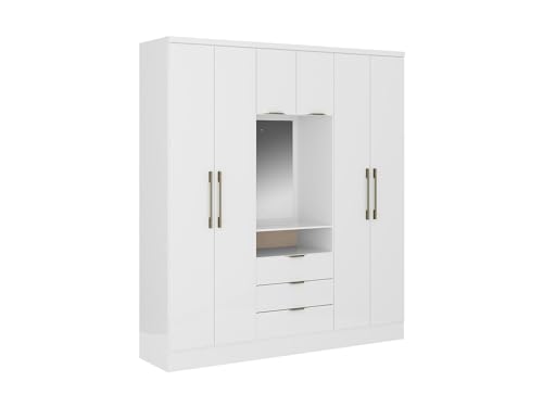 Vente-unique - Armoire 6 Portes et 3 tiroirs - avec Miroir - L180 cm - Coloris : Blanc - ELORIO