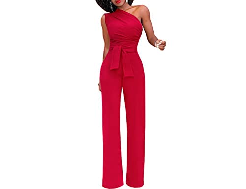 Mono de Cintura Alta de Pierna Ancha Informal Elegante con Tirantes de Verano para Mujer (Rojo,L) Cover