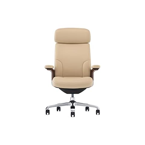 Genuine Leather Office Chair with High Back Aluminum Swivel Base Ergonomic Synchro-Tilt Reclining Mechanism Real Leather Executive Chair- Beige Color Cover