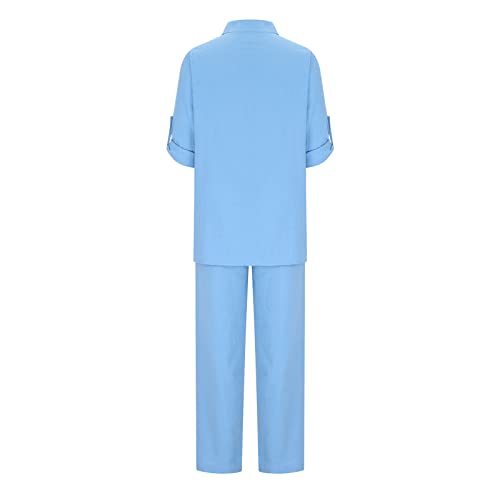 Womens 2 Piece Cotton Linen Beach Outfits Plus Size Button Down Blouses and Long Pants Suits Dressy Business Work Set3