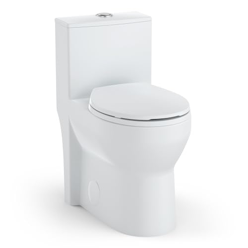 Inodoro compacto de una pieza TrailBlaze para baño, inodoro estándar moderno con doble descarga de 0.8/1.28 galones por descarga, altura ADA de 17.5 pulgadas, orificio lateral, asiento de cierre suave, distancia de instalación de 12 pulgadas, color blanco
