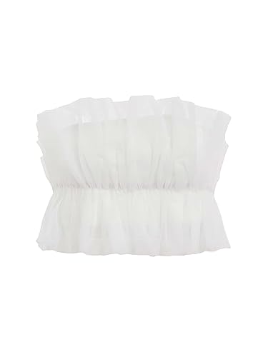 OYOANGLE Women's Mesh Crop Tube Tops Ruffle Hem Sleeveless Strapless Bustier Corset Top White L