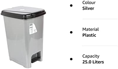 Plastic Slim Large Pedal Bin. Foot Pedal Dustbin Waste Bin. (25 Litre) (Silver)