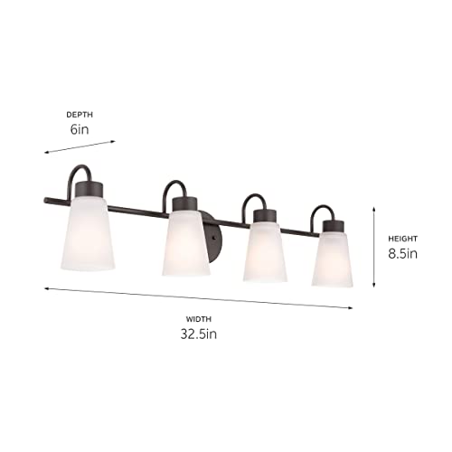 Image of Kichler Erma 4-Light Bathroom Vanity Light Fixture with Satin Etched Glass, Updated Traditional Wall Light in Olde Bronze for Bathroom Mirror (32.5 inch x 8.5 inch x 6 inch), 55127OZ