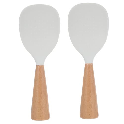 Mobestech 2 piezas Paleta de Arroz de Silicona con Mango de Madera Ergonómico Resistente al Calor Autosoportante para Cocina de Cucharas para Servir Arroz sin Adherencias para Ollas
