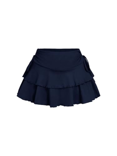 Plain Drawstring Waist Pleated Cake Ruffle Hem Skirt 2025 Fashion Skirts for Women