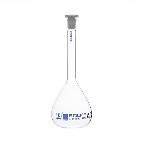 Volumetric Flask, 500ml - Class A, ASTM - Tolerance ±0.20ml - Includes Individual Work Certificate - Polypropylene Stopper - Single Graduation - Borosilicate Glass - Eisco Labs