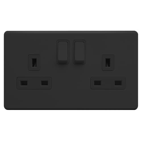 EVOGES Terra 2 Gang 13A Double Pole Switched Socket – Decorative Wall Power Outlet, Twin Plug Socket, Fits Standard UK Back Boxes, UK Wiring Accessories (Matt Black)