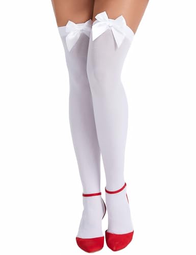 Lidogirl Women Thigh High Stockings with Satin Bow Women Opaque Over Knee Sheer Stockings White