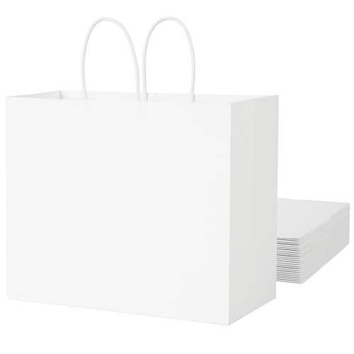 SUNCOLOR White Gift Bags with Handles Large 13x10x5.5 Inch 25 Pack for Birthday Wedding Retail Shopping
