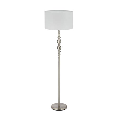 Relaxdays Lampada da Terra, Piantana Salotto E27, Cavo, Paralume Stoffa Ø 43 cm, Design Vintage, 155 cm, Bianco/Argento