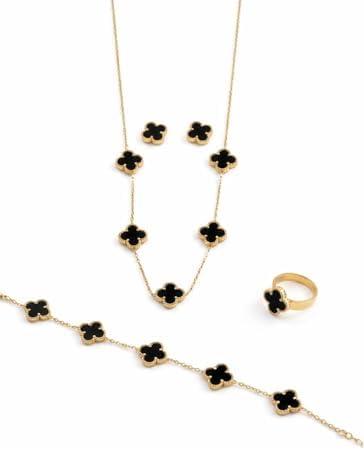 4 Piece Clover Jewellery Set for Women – Luxury Clover Necklace, Bracelet, Ring & Stud Earrings Combo Set | Elegant Floral Clover Design Fashion Jewellery Gift Set for Girls & Women (BLACK)