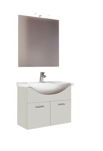 Il mobiletto che compone la base è caratterizzato da 2 ante con chiusura rallentata, lavabo slim consolle e specchiera panoramica con lampada LED. Lo spazio interno del mobile non prevede tramezzi ed è pertanto interamente sfruttabile facilitando il riassetto quotidiano degli oggetti. Dimensioni della base portalavabo: LARGHEZZA 81 CM - PROFONDITA' 50 CM - ALTEZZA 53 CM