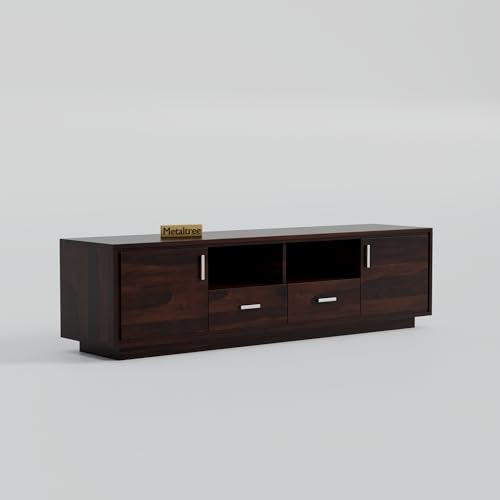 Image of Premium Solid Sheesham Wood TV Unit with 2 Drawers, 2 Shelves, and 2-Door Storage - Suitable for TVs up to 65 Inches - Elegant Living Room Furniture (Lynton, Walnut Finish)
