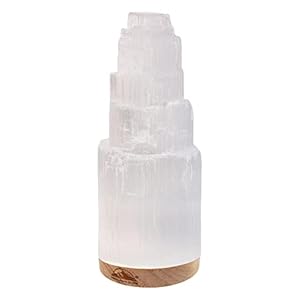 Himalayan Glow Selenite Crystal Lamp 20cm, Hand Curved Morocco |Skyscraper| Crystals and Healing Stones,(ETL Certified) with Wooden Base & USB Charging Cable For Healing Cleansing & Meditation