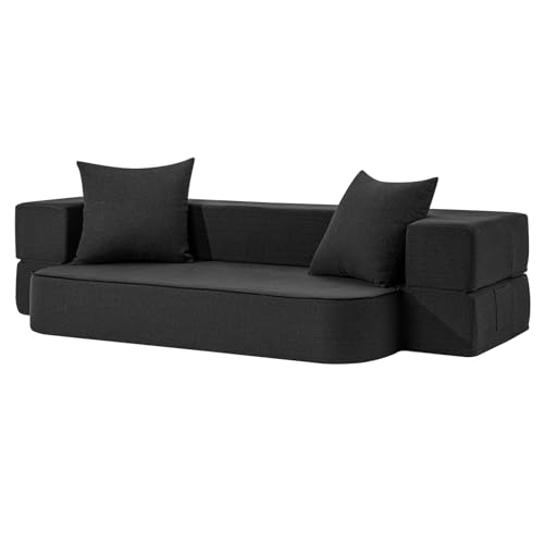 SUYOLS 2-in-1 Folding Sofa Bed Twin Size with 2 Pillows - Folding Floor Couch & Bed Mattress - Washable Cover & Memory Foam Sleeper Chair Guest Bed Playmat Dark Grey…