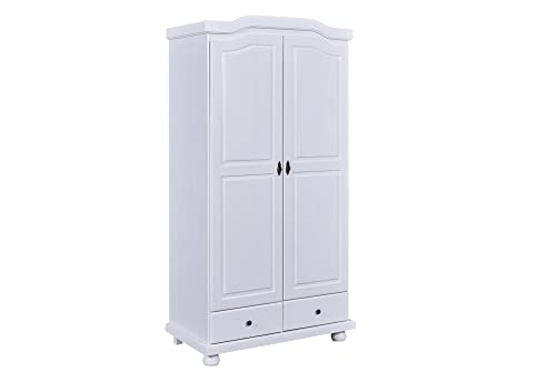 Inter Link - Armario rústico dormitorio 2 puertas - 2 cajones - 1 espacio para colgar y 5 nichos - pino macizo - barnizado blanco - 104 x 56 x 198 cm - Reutte